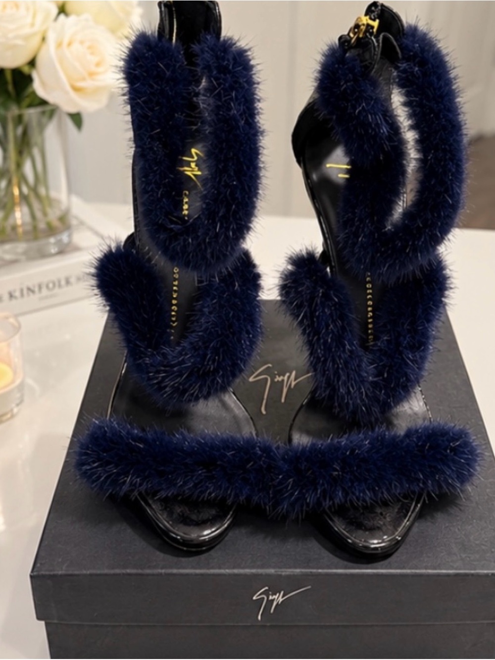 Giuseppe Zanotti Navy Fur-Trim High Heel Sandals